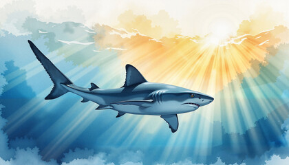 Fototapeta premium Graceful Blacktip Shark swimming in sunlight, ocean tranquility