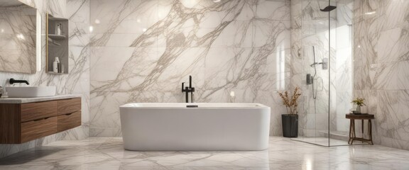 A bathtub in a luxurious bathroom with marble walls, luxury bathroom, elegance