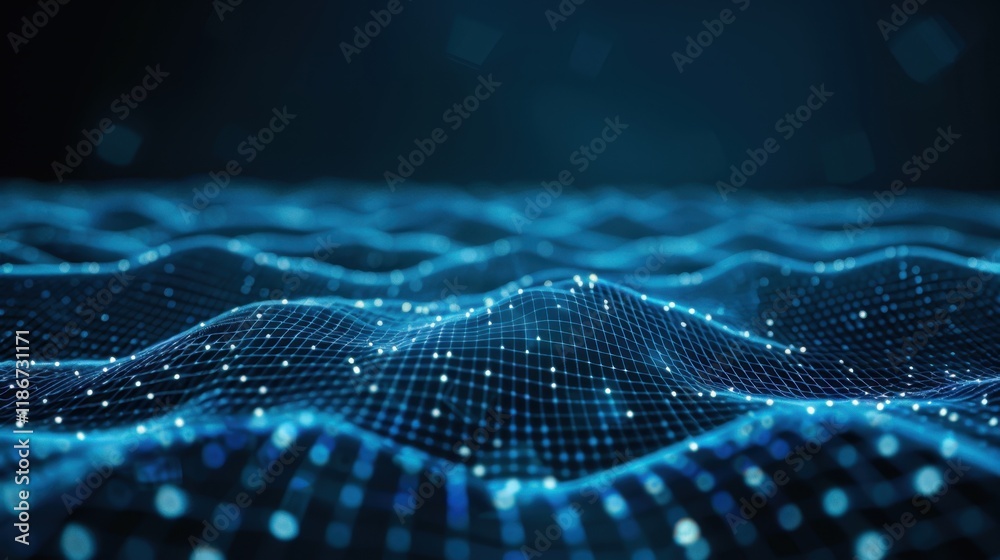 Poster digital waves with glowing blue dots create mesmerizing visual effect, representing data flow and te