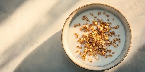 Granola and milk served on a plate against a light background, highlighting the importance of proper nutrition for tomorrow and a healthy lifestyle with granola.