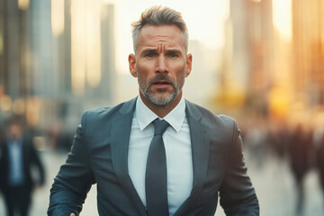 Fototapeta premium Businessman in a sleek suit confidently strides through bustling cityscape, embodying success, leadership, urban professional lifestyle imagery.