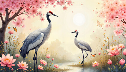Fototapeta premium Elegant cranes in tranquil garden surrounded by lotus blossoms, serenity