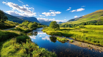 Obraz premium Serene River Valley Landscape Majestic Mountains Sunny Sky Peaceful Nature Scene