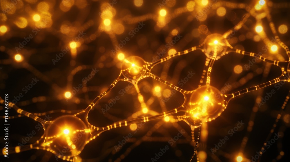 Poster illuminated golden neural network structure with glowing nodes and connections, representing advance