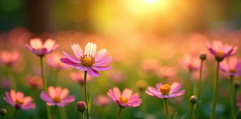 Soft, warm light illuminates a field of flowers, gentle, petals, field