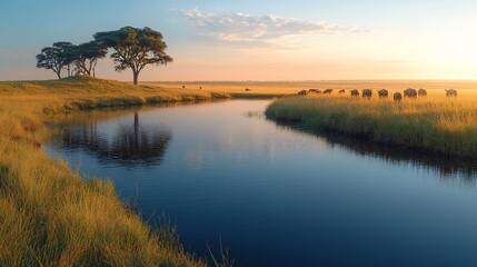 Serene African savanna sunset with wildebeest near water