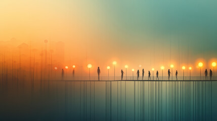 Fototapeta premium Ethereal sunset scene with silhouettes on a bridge, warm glowing lights, atmospheric mist, and serene reflections in water.