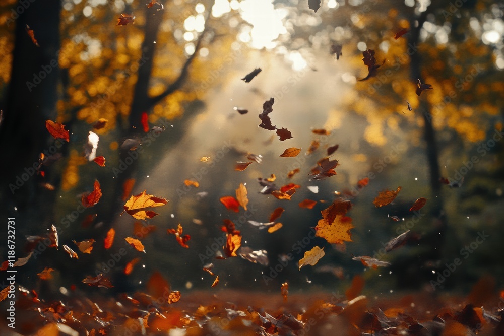 Poster colorful autumn leaves dance in the forest as sunlight filters through the trees during a tranquil a