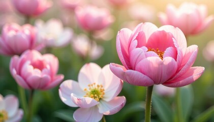 Obraz premium Soft pink petals unfolding in a sea of white ranunculus flowers, blossoming, bloom