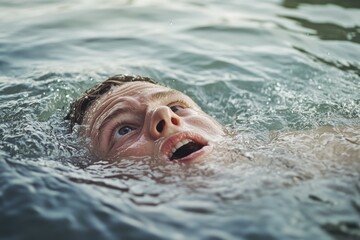 A person swimming in the water with their mouth open, potentially struggling or trying to get air