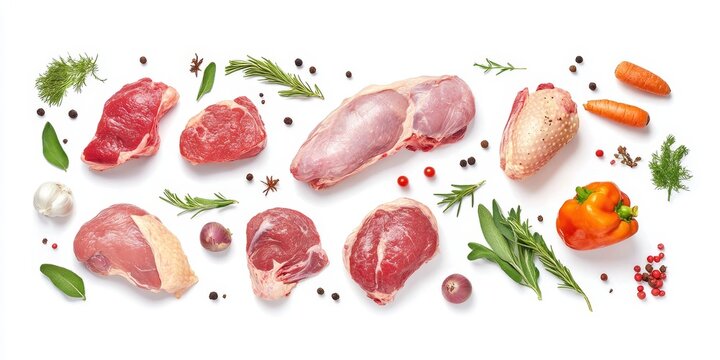 Poultry cuts and carcass pieces accompanied by fresh vegetables, displayed beautifully on a white background. This poultry composition captures the essence of quality meat preparation.