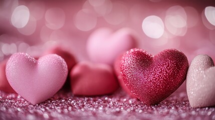 Fototapeta premium A background of pink and red hearts with bokeh lights, creating a Valentine's Day atmosphere.