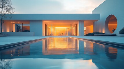 Modern Minimalist House Reflecting In Pool At Dusk