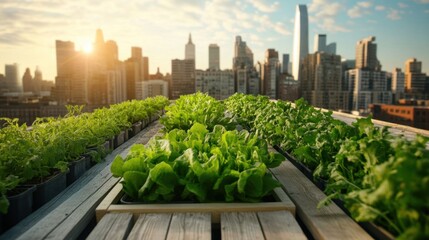 Fototapeta premium Urban Rooftop Garden with Fresh Lettuce Overlooking City Skyline