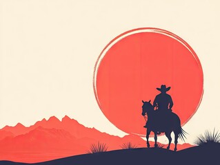 Naklejka premium Cowboy silhouette riding into a sunset.