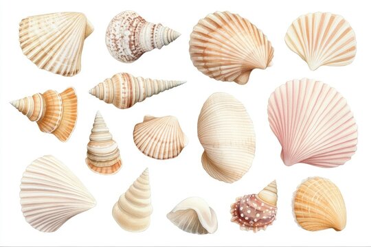 Assortment of realistic seashell illustrations in various shapes, sizes, and textures, arranged against a white background