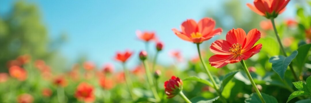 Soft focus of verdolaga flowers in bloom amidst lush green foliage, soft focus, blue sky