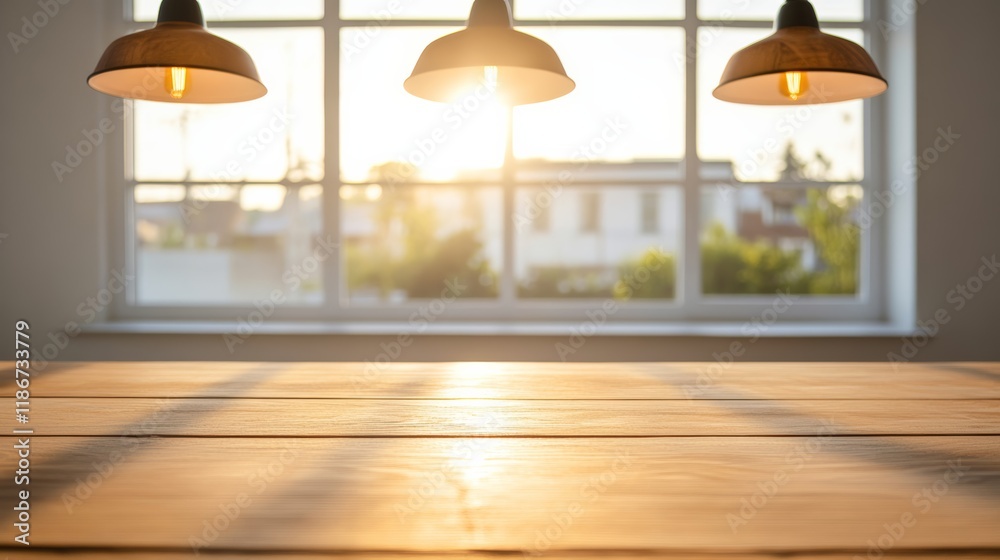 Poster Empty wooden table in a bright kitchen illuminated by three hanging lamps and the warm sunset light coming through the window, creating a cozy and inviting atmosphere