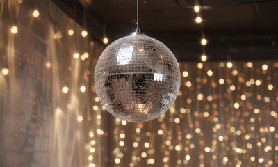 Obraz premium A glittering silver disco ball suspended from the ceiling with a warm and soft focus bokeh of fairy lights, soft focus, glittering silver disco ball