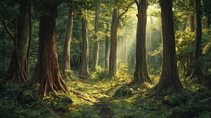 Fototapeta premium Upright tree trunks in a majestic primeval forest showcase the beauty of nature, highlighting the grandeur and resilience of upright tree trunks that have stood the test of time.