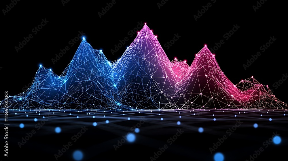 Poster dynamic visualization of data analytics represented as a three-dimensional network of colorful peaks