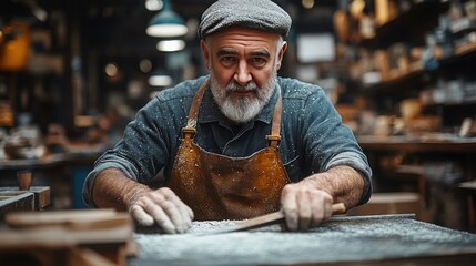 Skilled craftsman in workshop meticulously shaping wood with a hand tool, surrounded by shelves filled with tools and materials, showcasing dedication to craftsmanship and artistry.