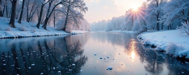 Snowflakes settle on the Odra River's surface, frost, odra