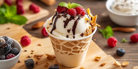 Handmade ice cream roll served in a cup, showcasing the unique cooking process on a freezer table, creating delicious and visually appealing ice cream rolls, perfect for dessert lovers.