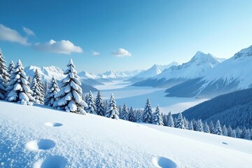 Snowflake covered winter landscape with blue sky and mountains in the background, snowscape, landscape