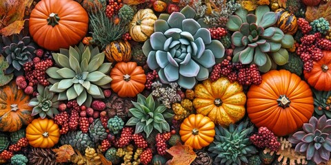 Thanksgiving day celebration featuring a vibrant autumn background with decorative pumpkins, colorful flowers, mountain ash berries, and succulents. This Thanksgiving day scene embodies a rich harvest