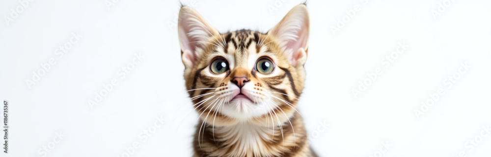Poster british cat sits surprised with huge eyes in a funny portrait isolated against a plain white backgro