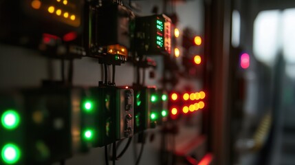 Electrical control panel featuring illuminated indicators and switches, highlighting ongoing operations in an industrial setting related to manufacturing and automation