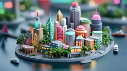 vibrant 3D cityscape showcasing modern architecture, colorful buildings, and lush greenery, reflecting innovation and smart technology in urban design