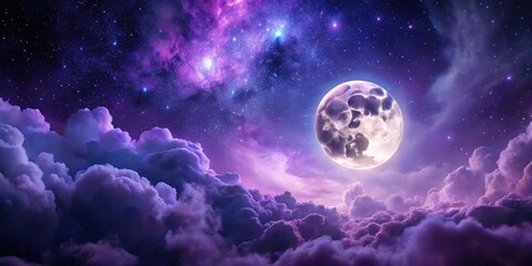Obraz premium A distant starry night sky with a bright full moon hanging low in the horizon amidst swirling dark clouds and vibrant purple nebulae, galaxy, night sky