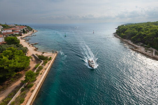 Zdrelac Bridge onto the Island of Ugljan waterfront and Galovac islet panoramic view, Preko in Dalmatia region of Croatia