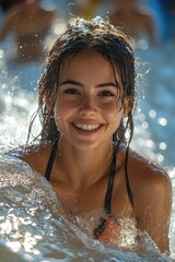 Obraz premium A woman swims in a pool, providing a great shot of her body and swimwear