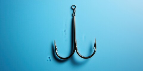 Metal fishing hook against a blue background, showcasing its sharp design and functionality.