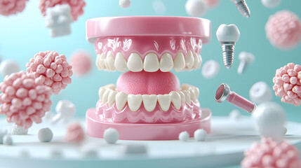 3D visual representation of dental anatomy featuring pink dental model with teeth, gums, and various dental implants and bacteria. This highlights dental health and technology