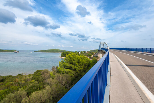 Zdrelac Bridge onto the Island of Ugljan waterfront and Galovac islet panoramic view, Preko in Dalmatia region of Croatia