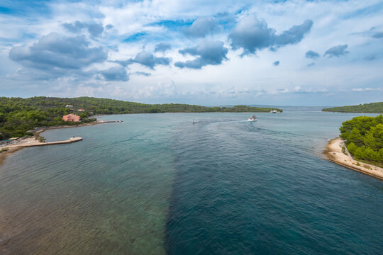 View from the Bridge of Ugljan island - Islands of the Kornati archipelag, Zdrelac Bridge onto the Island of Ugljan waterfront and Galovac islet panoramic view, Preko in Dalmatia region of Croatia
