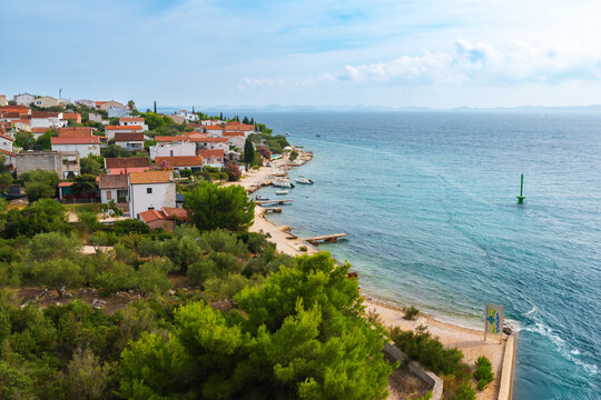 Zdrelac Bridge onto the Island of Ugljan waterfront and Galovac islet panoramic view, Preko in Dalmatia region of Croatia