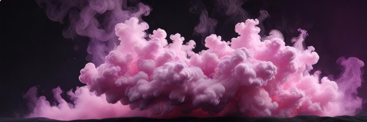 Fototapeta premium A delicate pink-purple cloud of smoke suspended in mid-air on a black canvas, serene scene, dreamy atmosphere