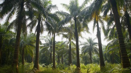 Obraz premium Dense Palm Tree Plantation in the Morning Mist