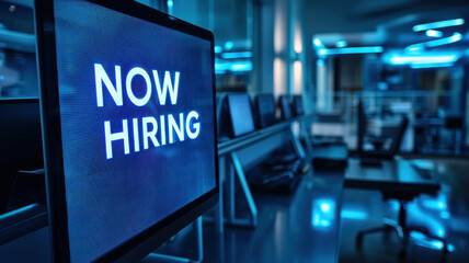Now hiring sign on glossy LED screen in modern office environment