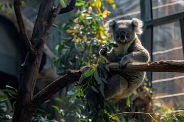 Fototapeta premium Cute Koala Clinging to Eucalyptus Tree in a Zoo, Adorable Marsupial Resting on Branch, Wildlife Conservation Theme, Australian Animal Habitat