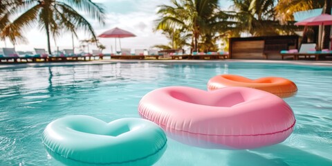 Heart shaped pool floats are relaxing in a vibrant resort pool, creating a fun and colorful atmosphere. Enjoy the charm of heart pool floats in this inviting setting.