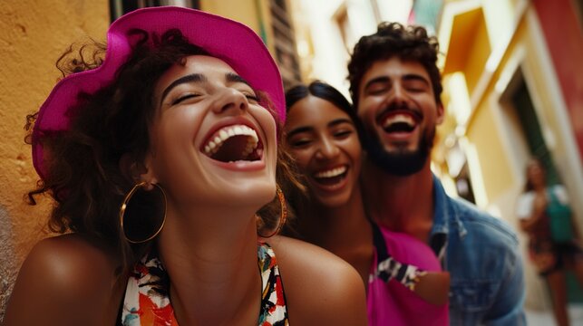 Group of diverse young people laughing together, showcasing unity, friendship, and the joy of shared moments in a multicultural setting.
