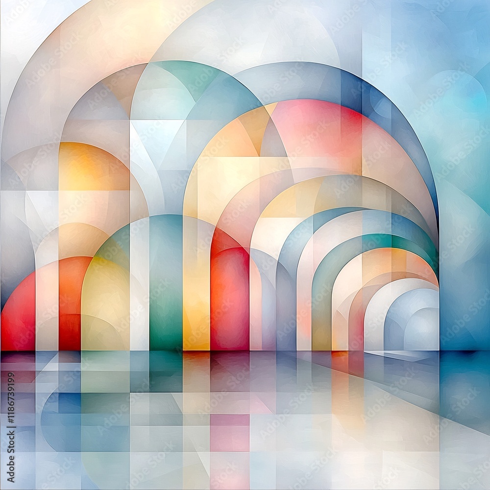 Poster mesmerizing geometric abstraction with rhythmic iridescent structures in a captivating kaleidoscopic
