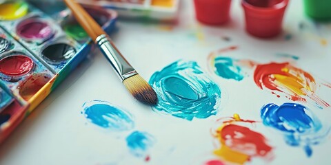 Fototapeta premium Adorable children s drawing accompanied by a brush and a vibrant set of paints on a clean white table, offering a delightful closeup view of artistic expression and creativity in children s art.