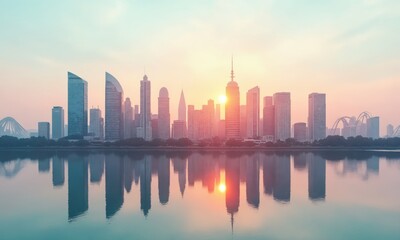 Obraz premium A mirrored cityscape at sunrise, featuring modern skyscrapers in shades of pink, teal, and gold, with soft light reflecting off their glass facades.